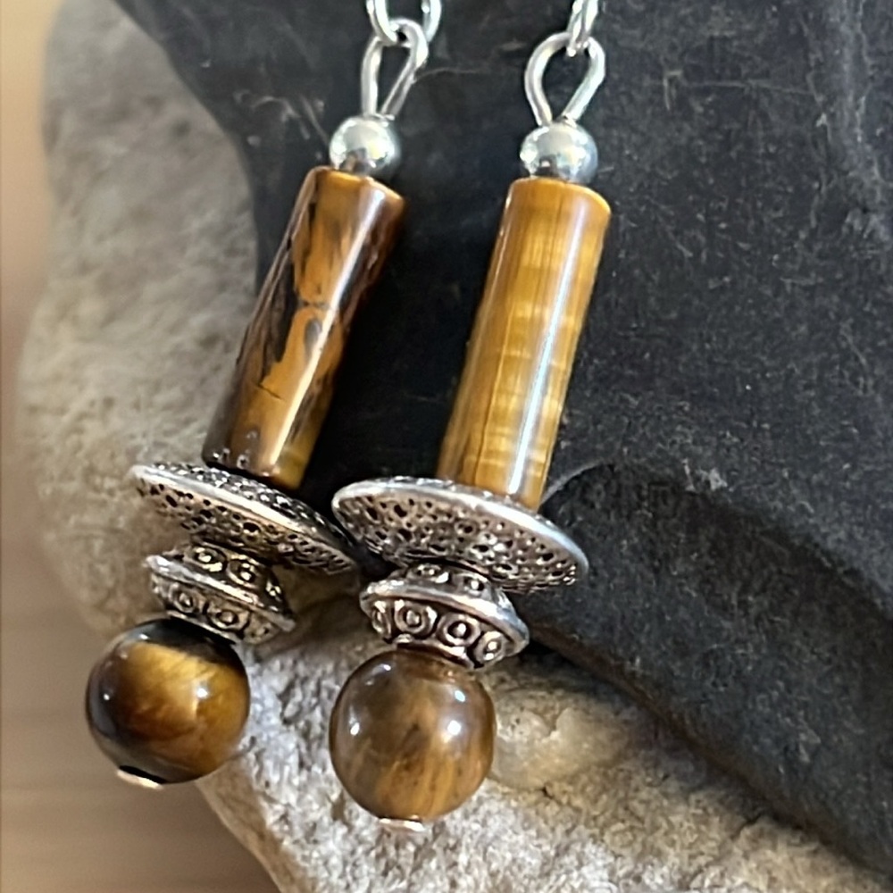 Tiger Eye Tube & Silver Earrings.